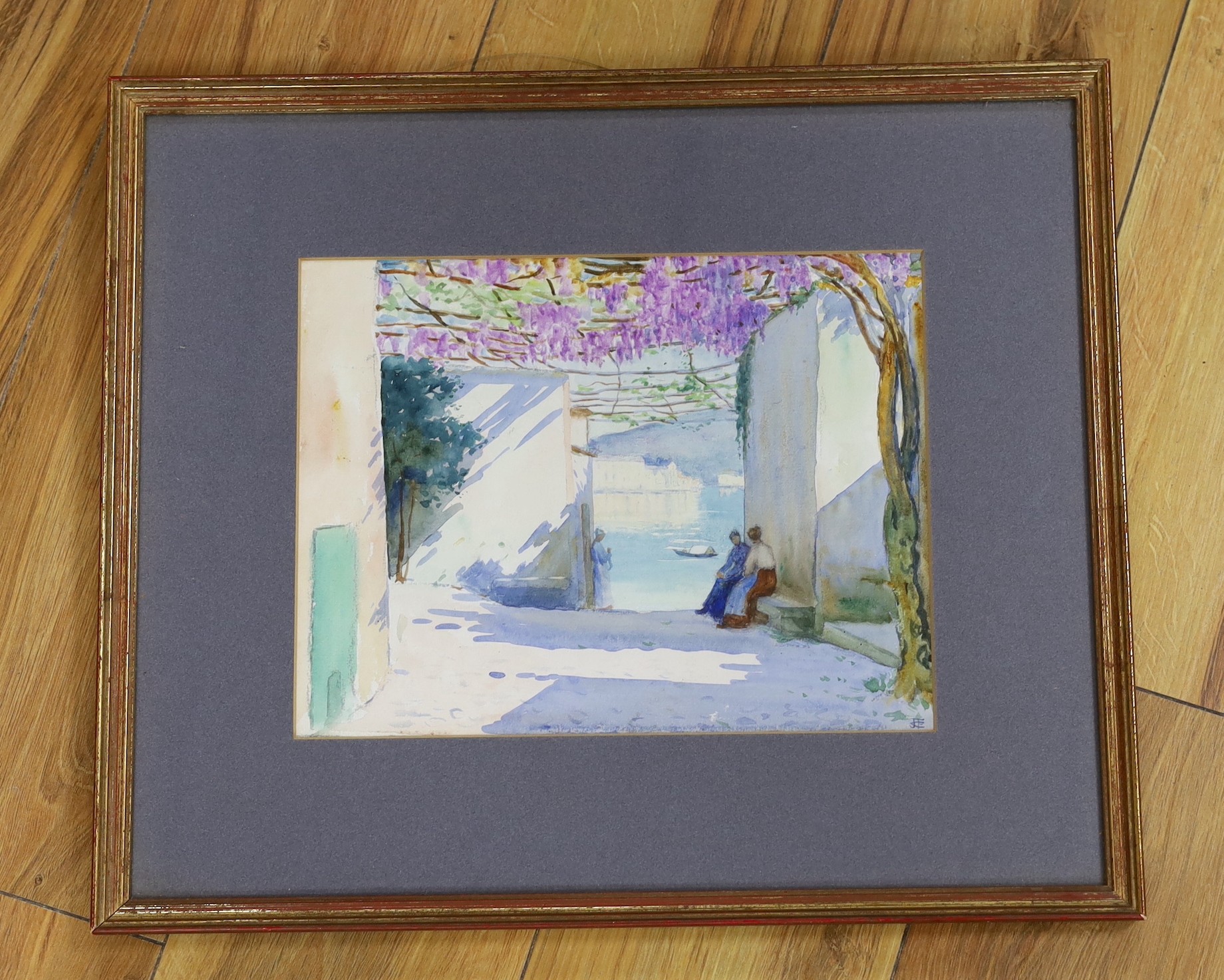 JFC, watercolour, Mediterranean viewed from a wisteria terrace, monogrammed, 22 x 29cm